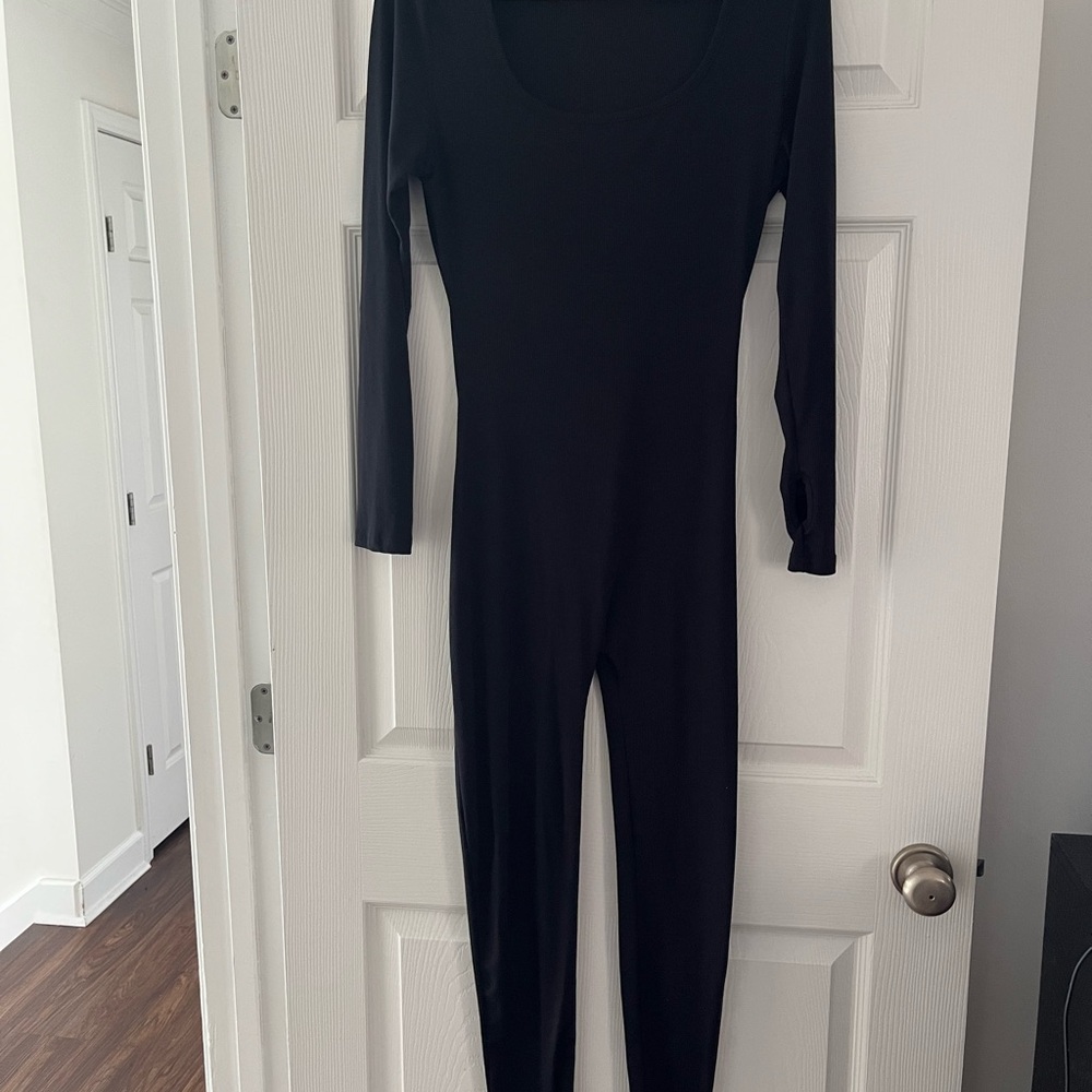 Casual Ribbed Black Long Sleeve Scoop Neck Jumpsuit